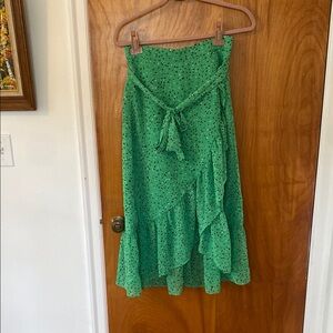 Ann Taylor Green Wrap Midi Skirt with Ruffled Tie Front